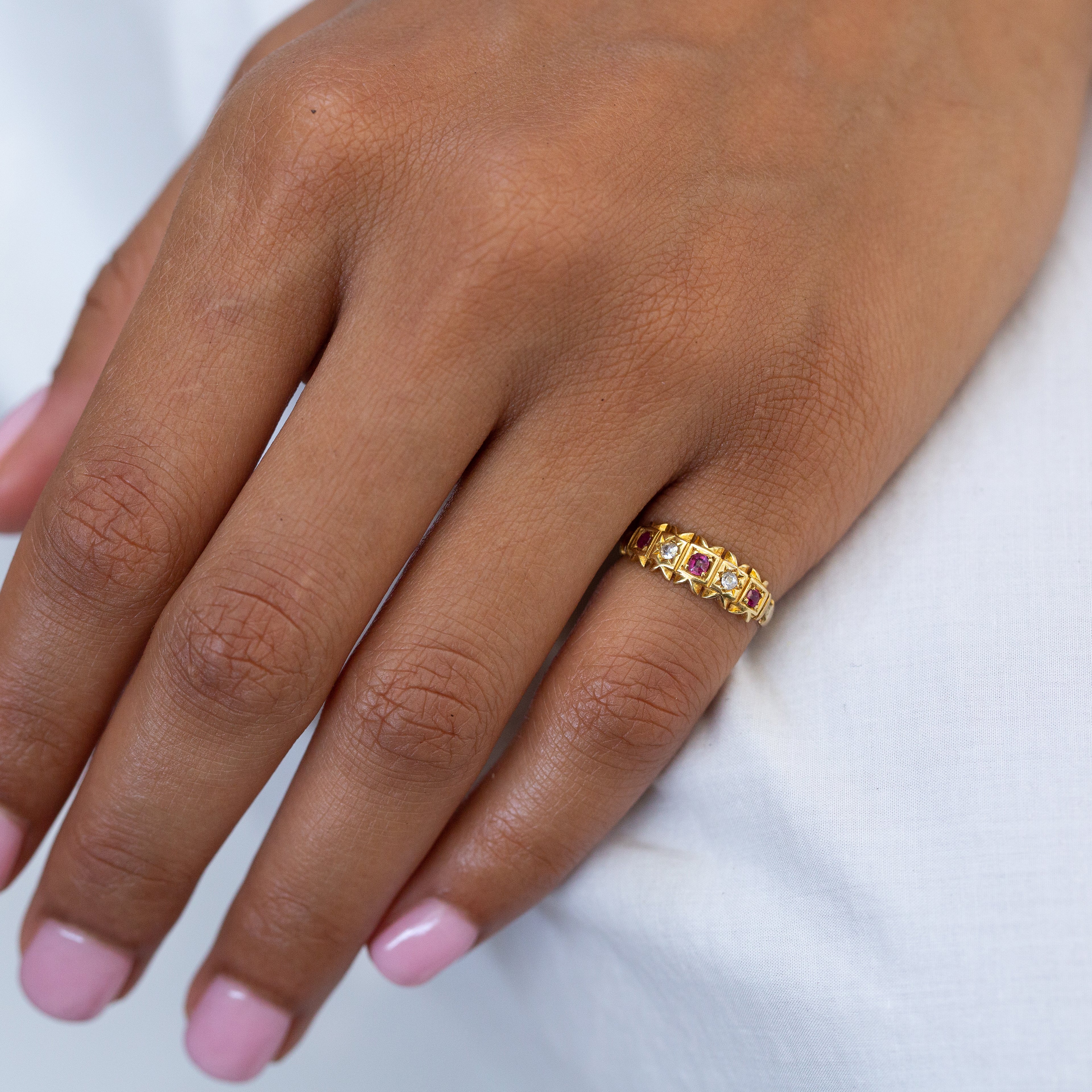 English Victorian Ruby, Old Mine Cut Diamond, and 18k Gold Ring