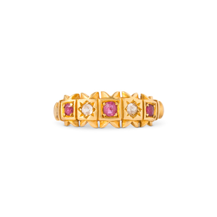 English Victorian Ruby, Old Mine Cut Diamond, and 18k Gold Ring