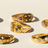 English Victorian Ruby, Pearl, Diamond, and 15k Gold Starburst Ring