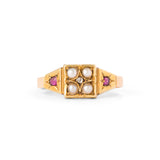 English Victorian Ruby, Pearl, Diamond, and 15k Gold Starburst Ring