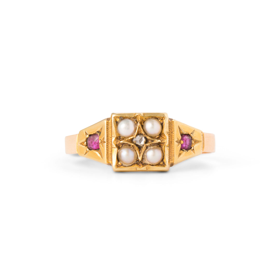 English Victorian Ruby, Pearl, Diamond, and 15k Gold Starburst Ring