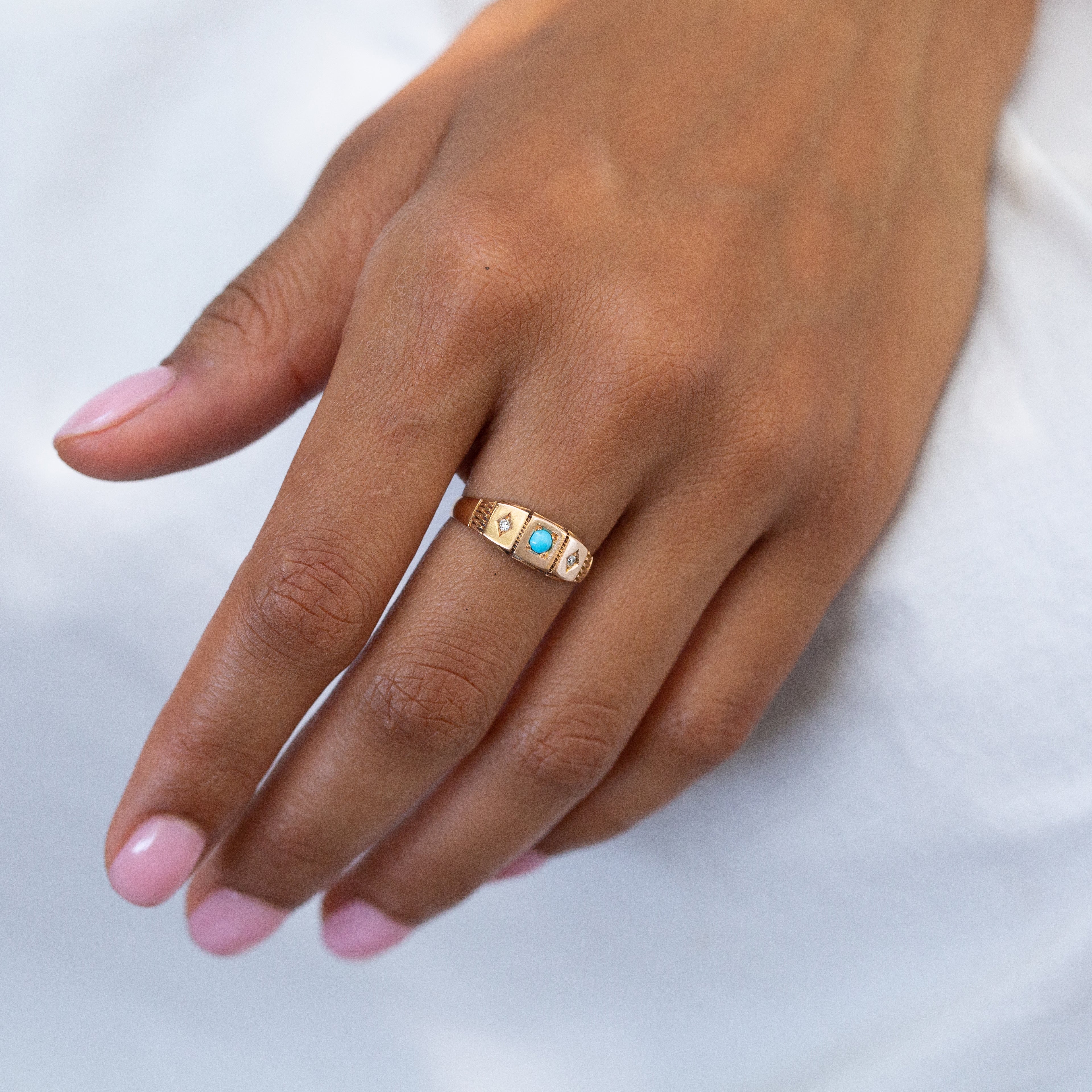 English Victorian Turquoise, Diamond, and 15k Gold Starburst Ring