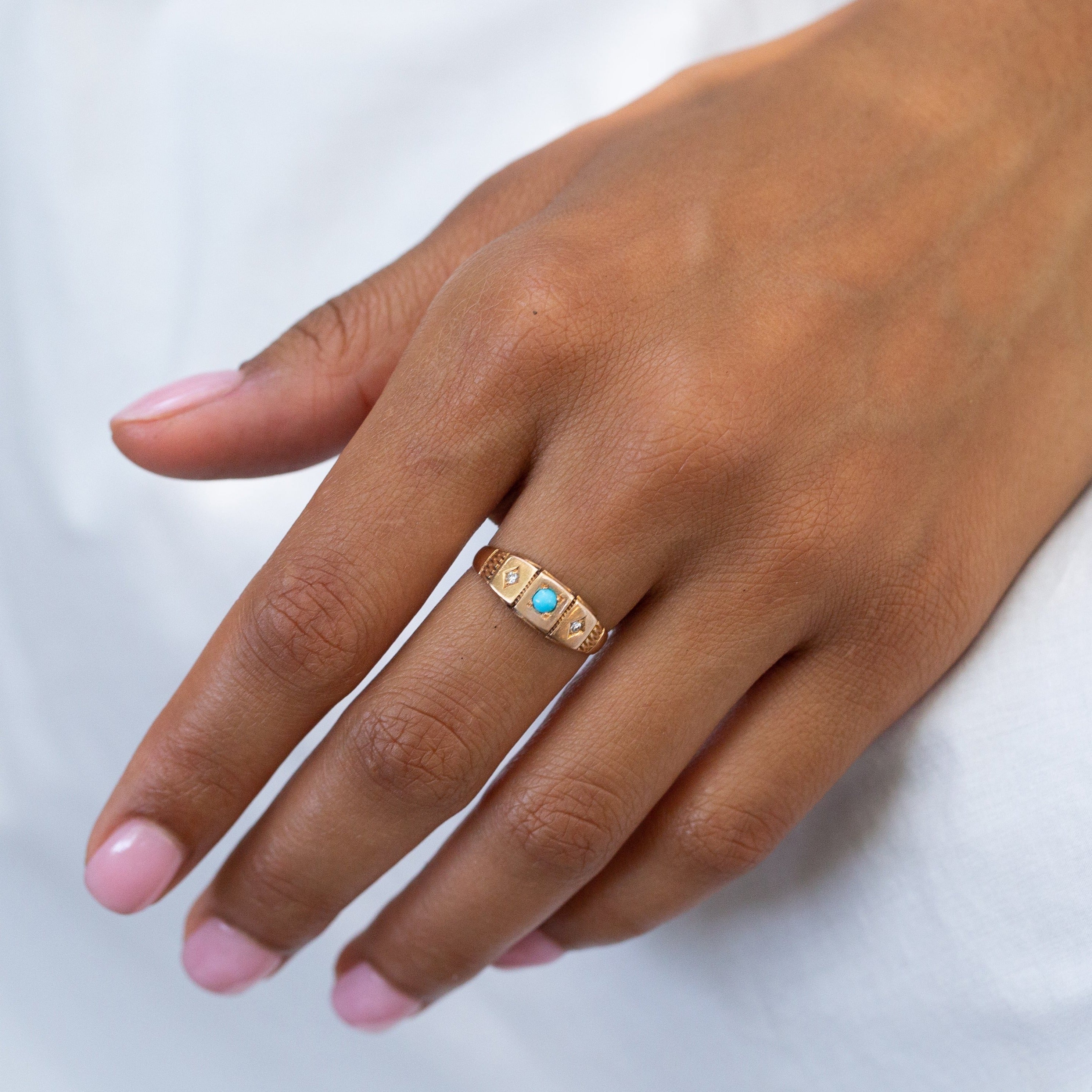 English Victorian Turquoise, Diamond, and 15k Gold Starburst Ring