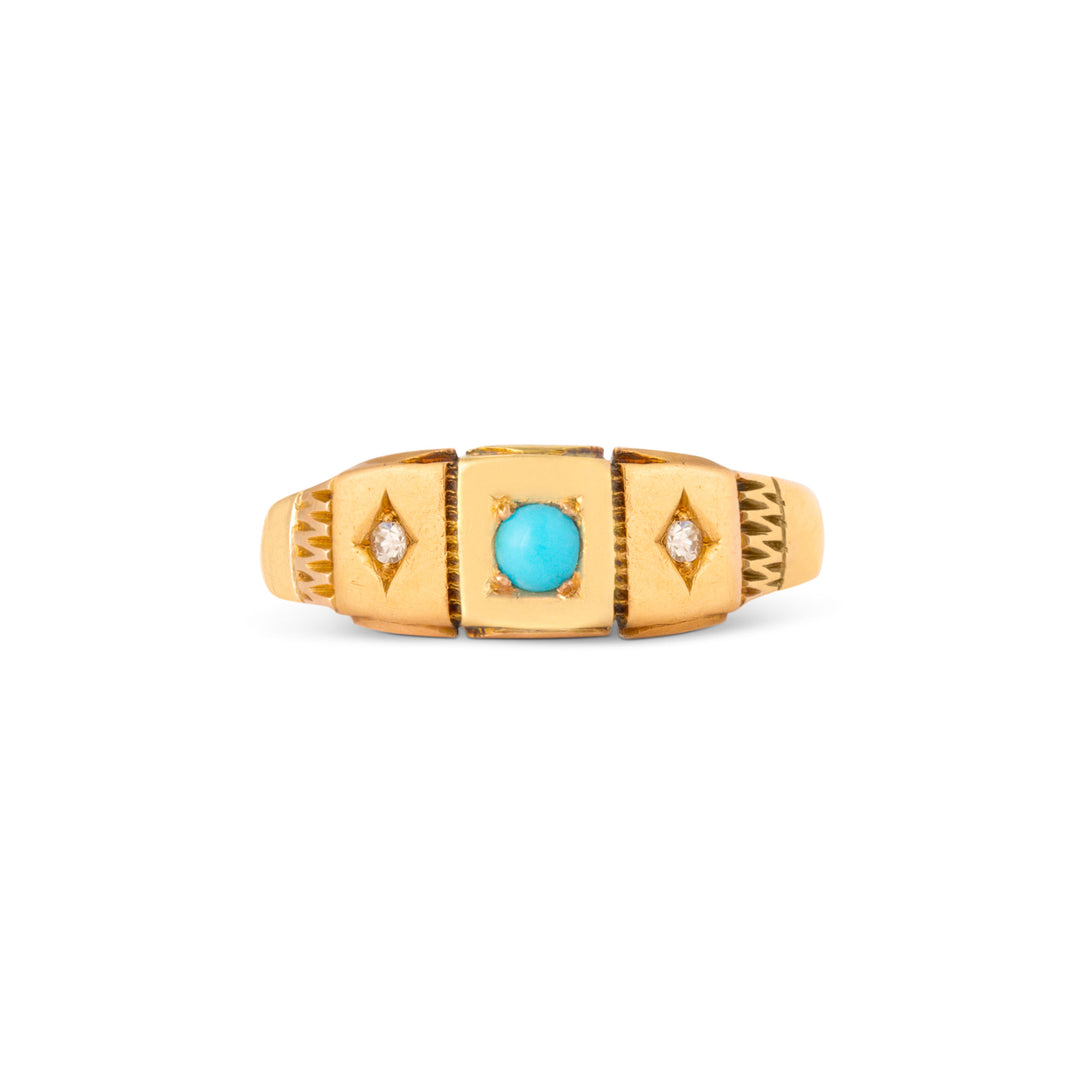 English Victorian Turquoise, Diamond, and 15k Gold Starburst Ring