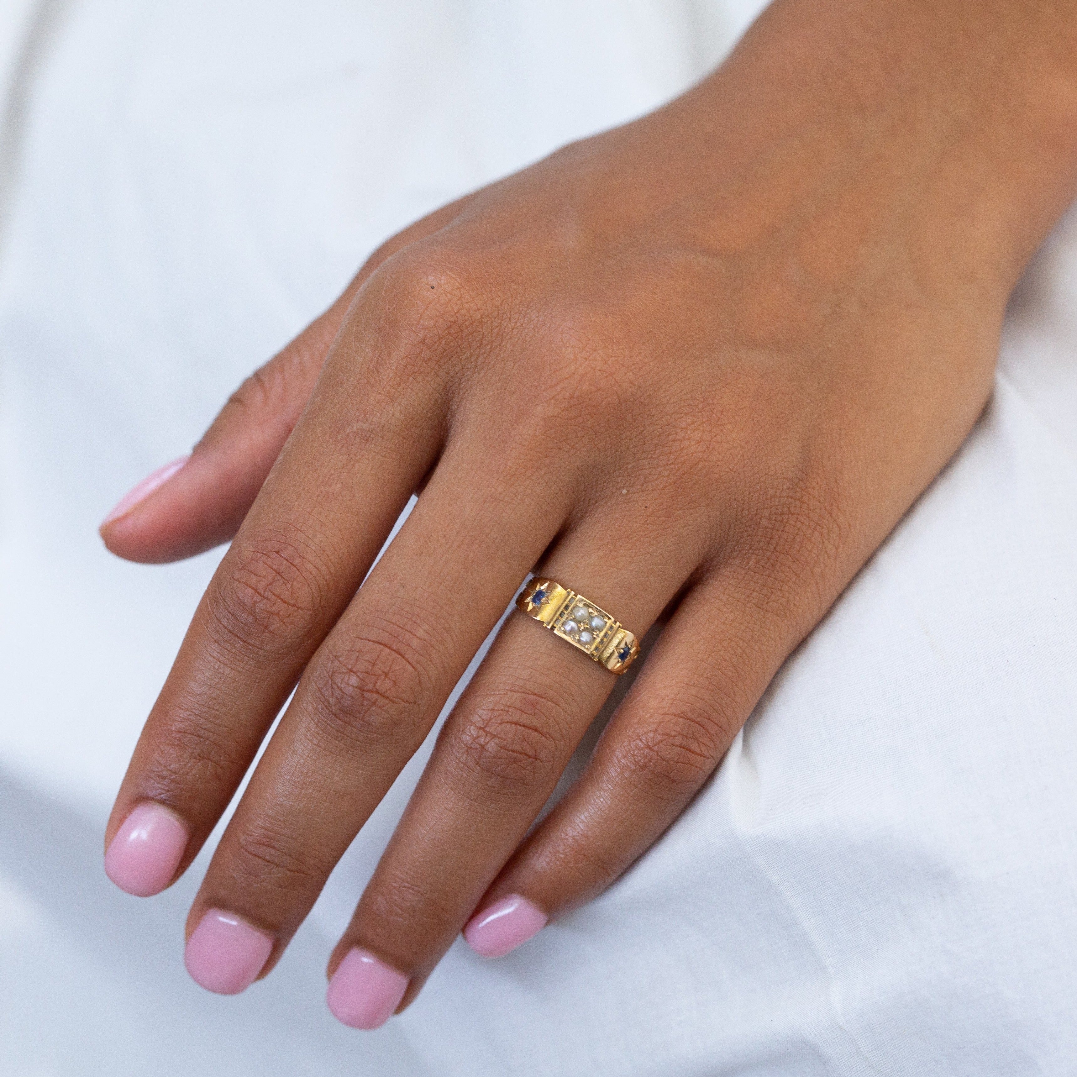 English Victorian Sapphire, Pearl, and 18k Gold Starburst Ring
