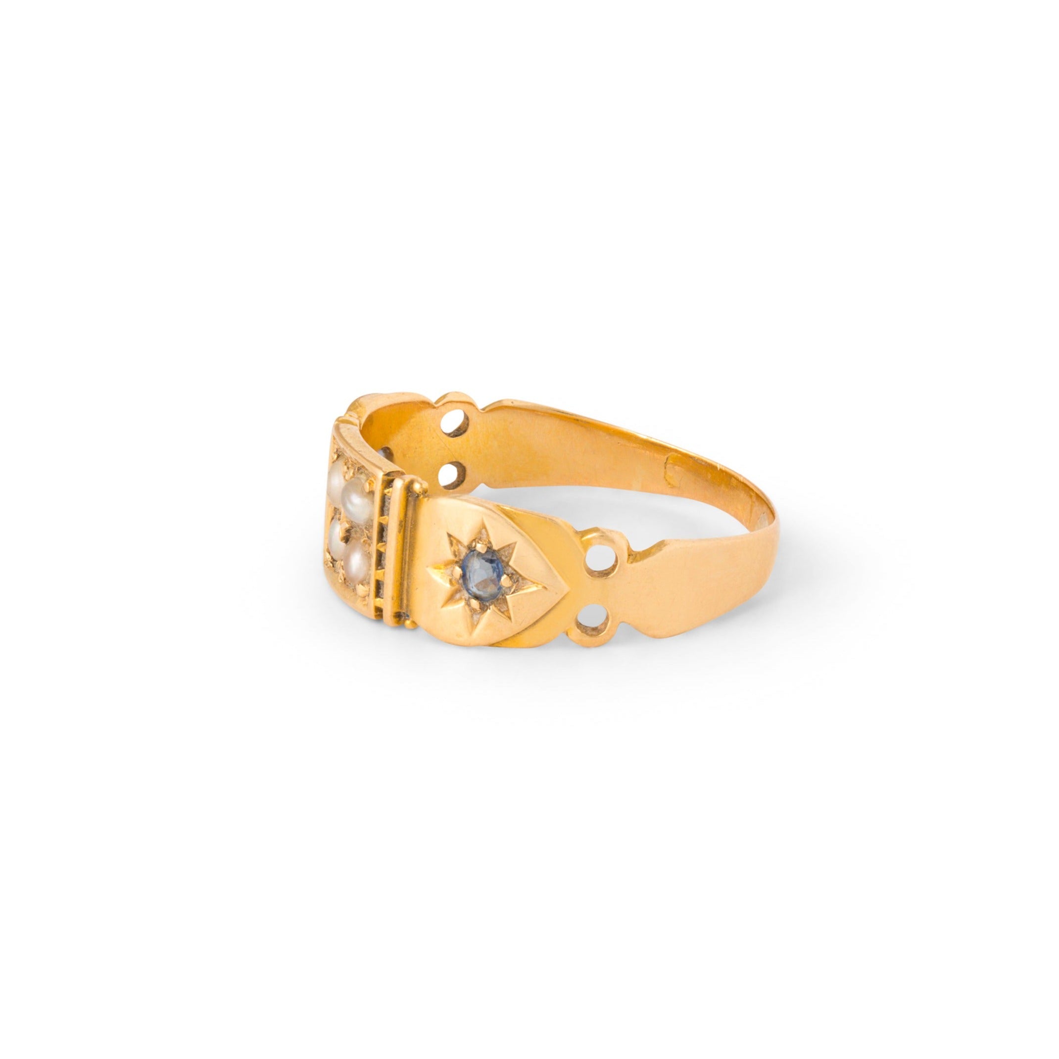 English Victorian Sapphire, Pearl, and 18k Gold Starburst Ring