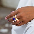 Coral, Lapis Lazuli, and 14k Gold Crossover Ring