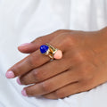 Coral, Lapis Lazuli, and 14k Gold Crossover Ring