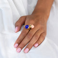 Coral, Lapis Lazuli, and 14k Gold Crossover Ring