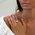 Coral, Lapis Lazuli, and 14k Gold Crossover Ring