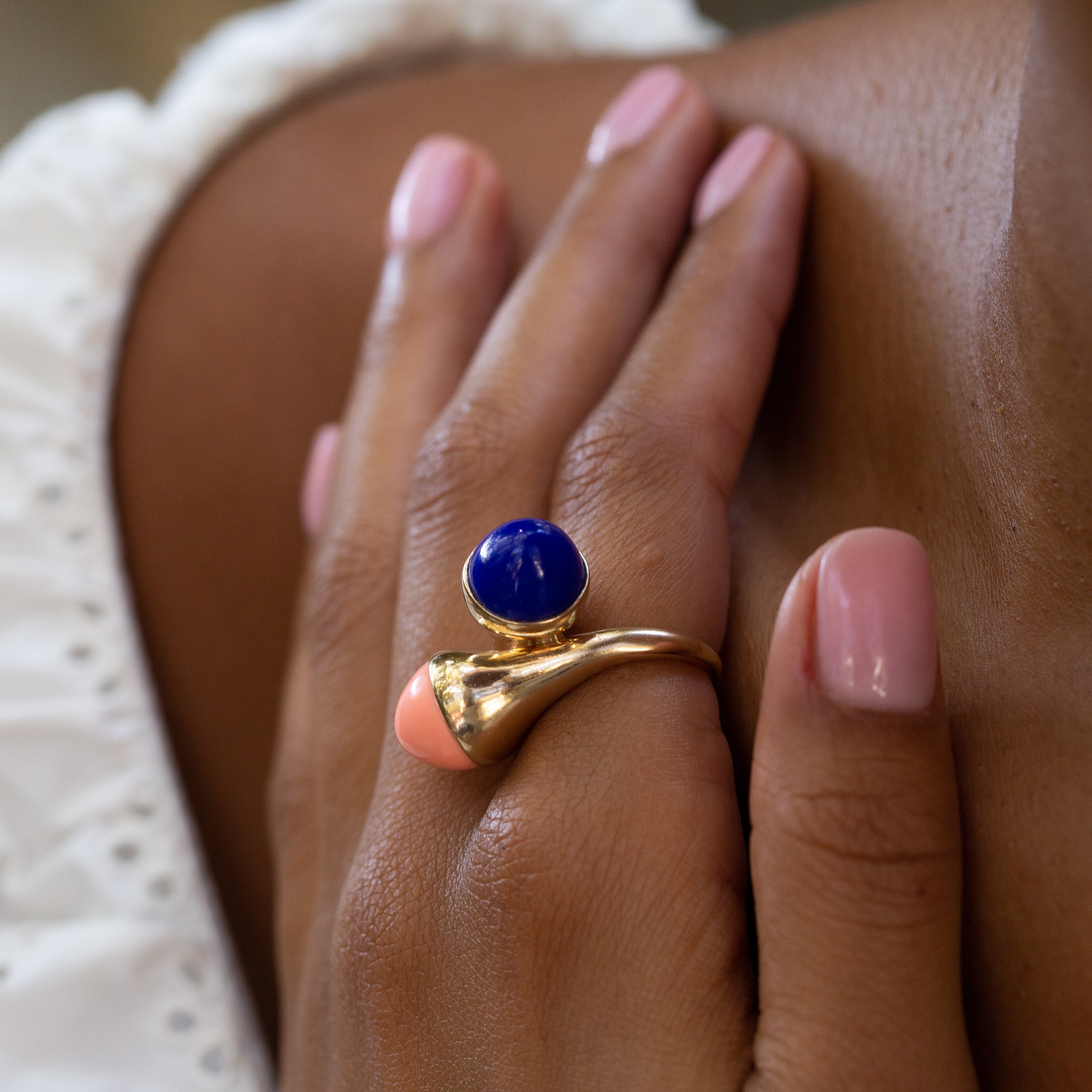 Coral, Lapis Lazuli, and 14k Gold Crossover Ring