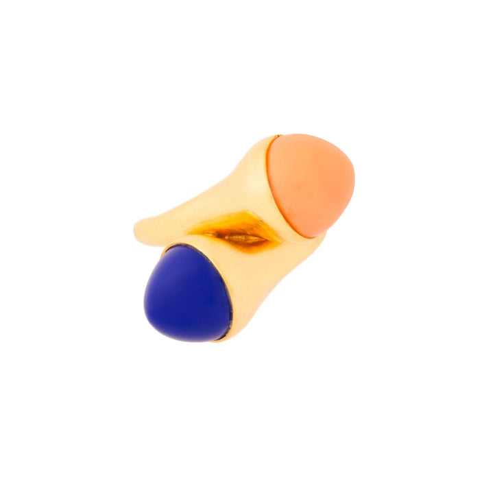 Coral, Lapis Lazuli, and 14k Gold Crossover Ring