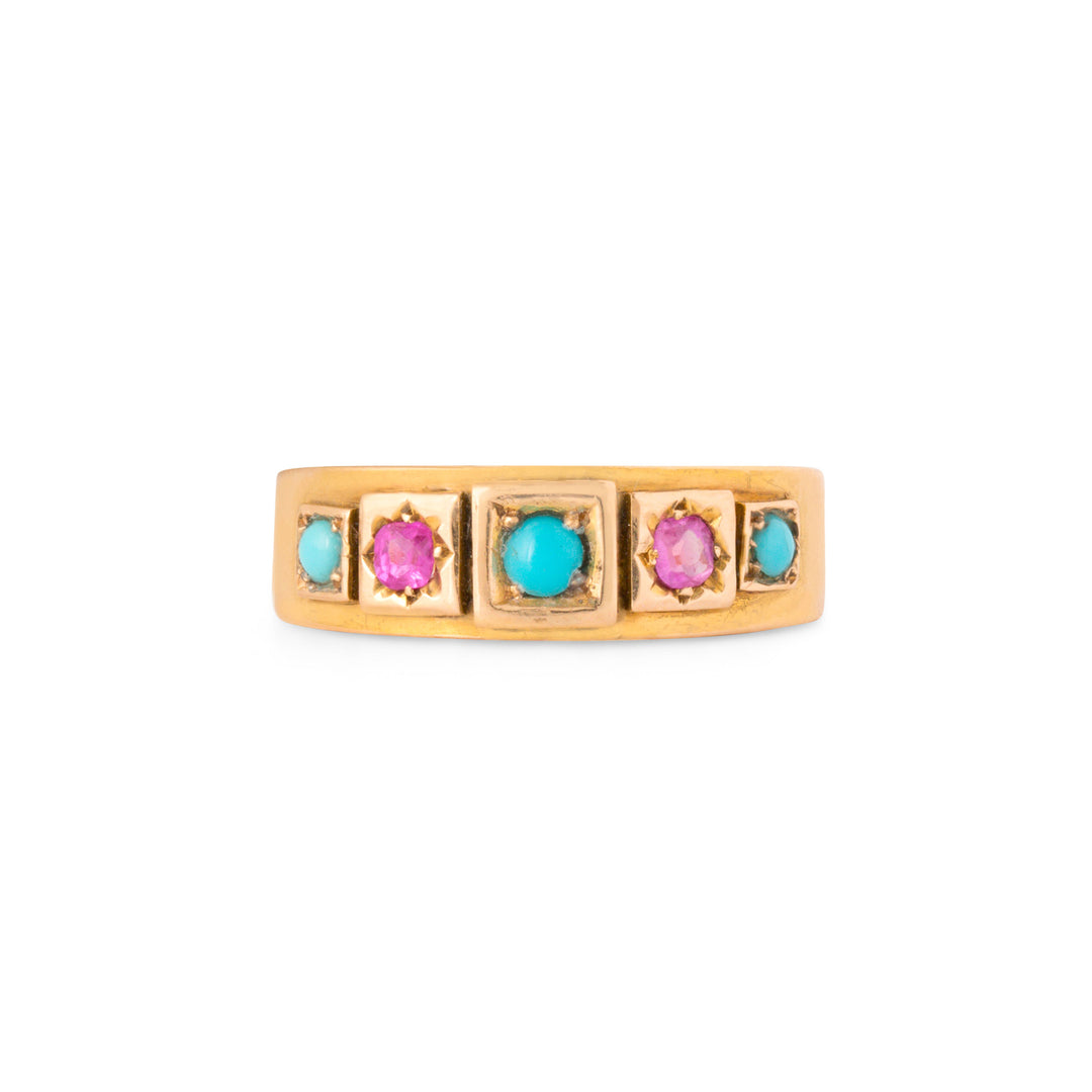 English Victorian Turquoise, Spinel, and 15k Gold Starburst Ring