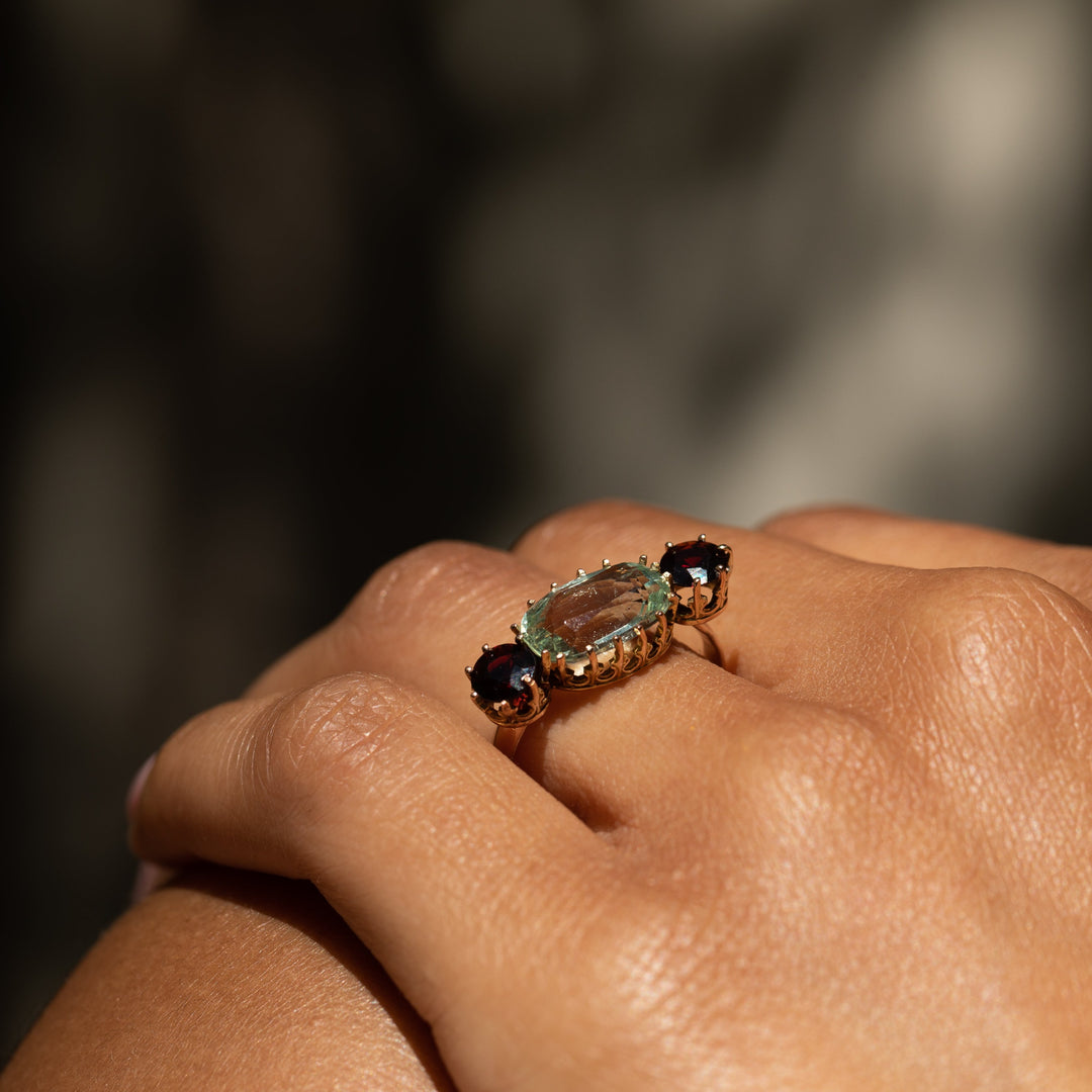 Aquamarine, Garnet, and Gold Ring