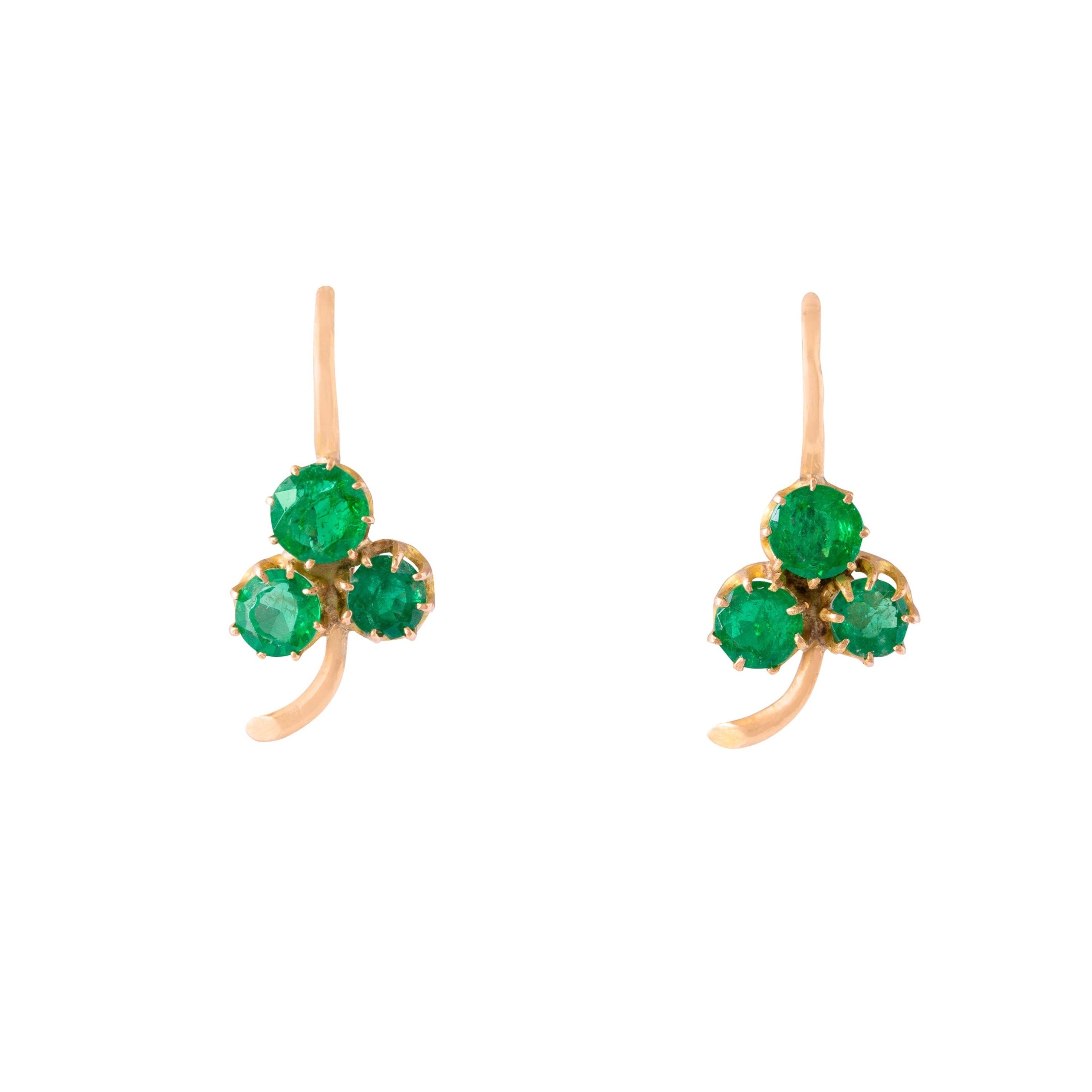 Russian Emerald and 14K Gold Clover Earrings