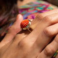 1970s Carved Coral, Diamond, and 14k Gold Ring