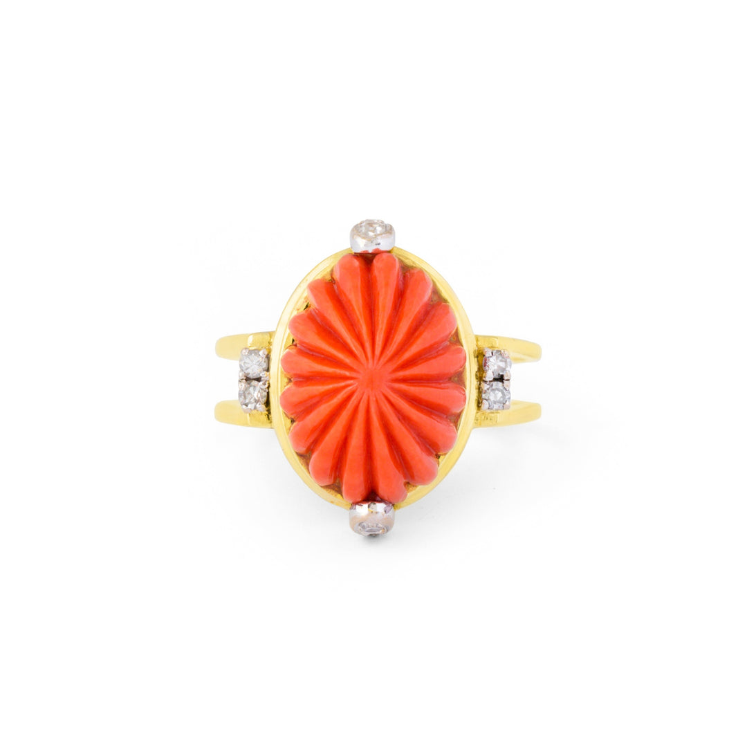 1970s Carved Coral, Diamond, and 14k Gold Ring