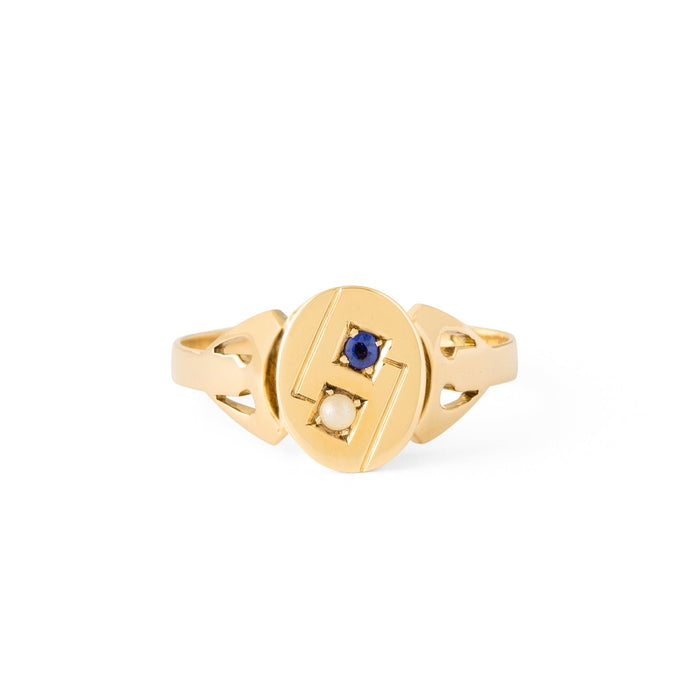 Early 20th Century Sapphire, Pearl, and 8k Gold Poison Ring
