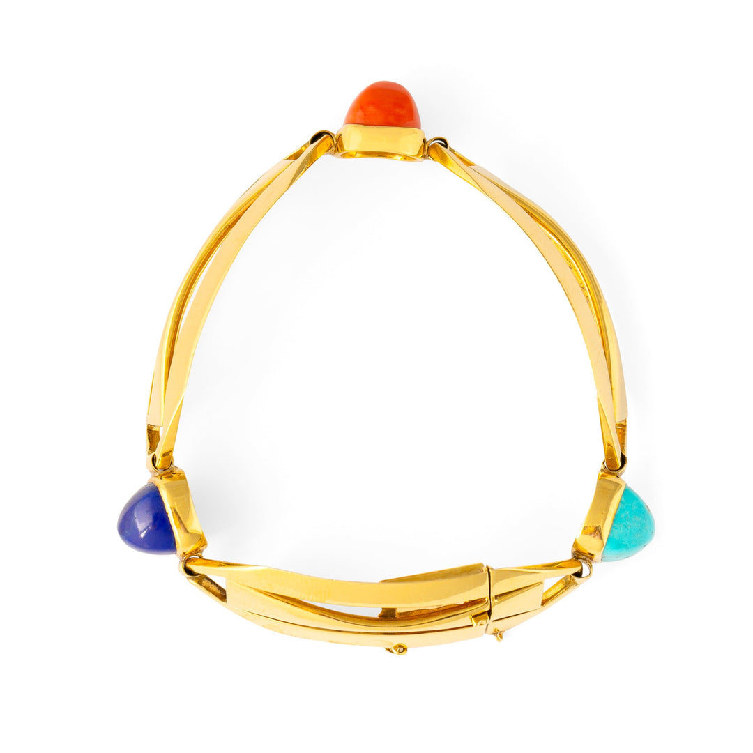 French 18k Gold Bracelet with Turquoise, Lapis Lazuli, and Coral