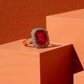 Russian Synthetic Ruby Cameo, Diamond, and 14k Gold Ring