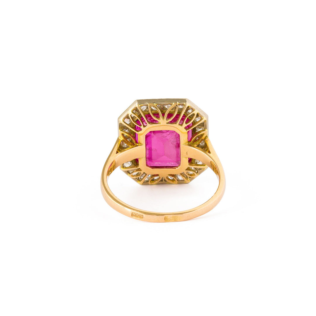 Russian Synthetic Ruby Cameo, Diamond, and 14k Gold Ring