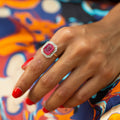 Russian Synthetic Ruby Cameo, Diamond, and 14k Gold Ring
