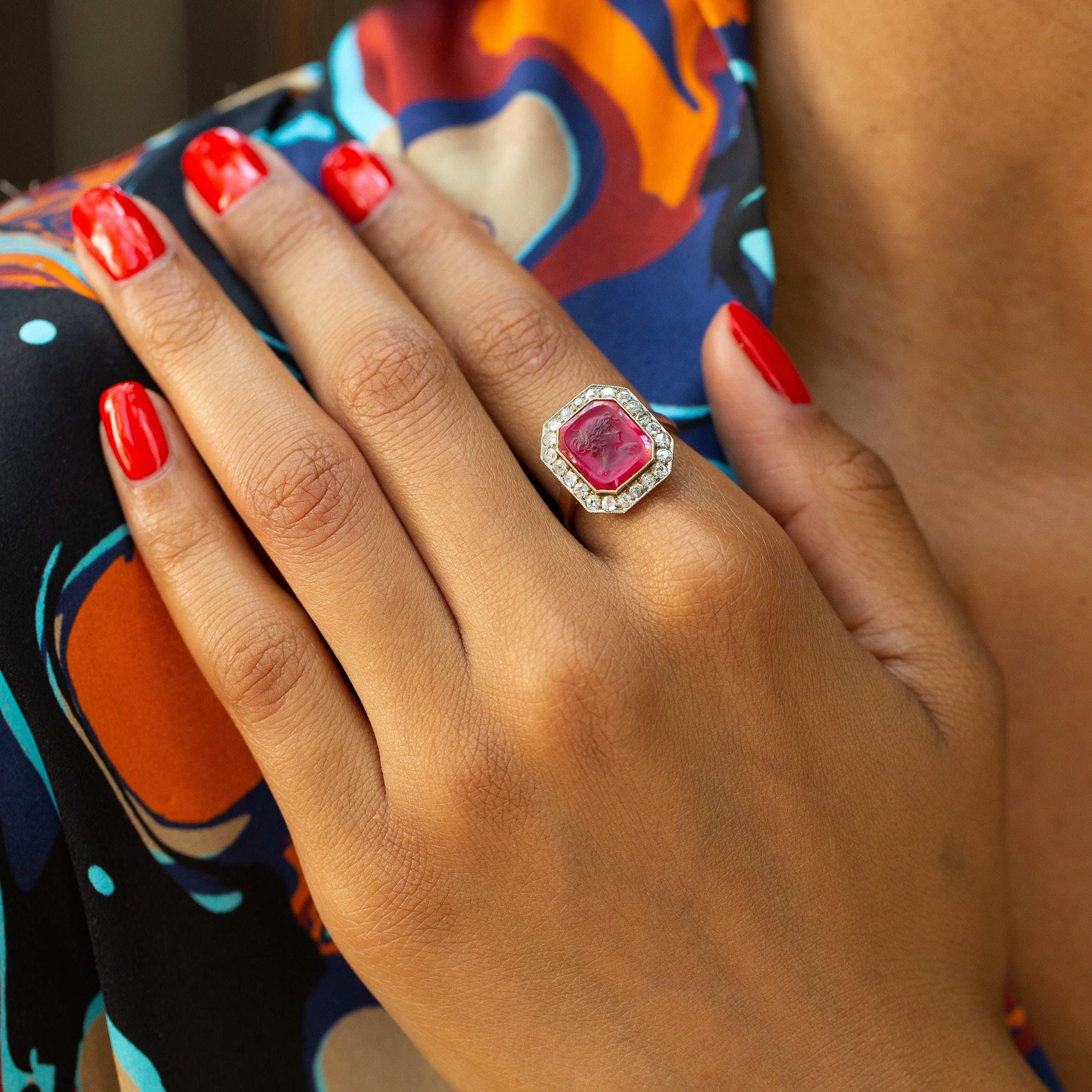 Russian Synthetic Ruby Cameo, Diamond, and 14k Gold Ring