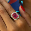 Russian Synthetic Ruby Cameo, Diamond, and 14k Gold Ring