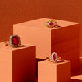 Russian Synthetic Ruby Cameo, Diamond, and 14k Gold Ring