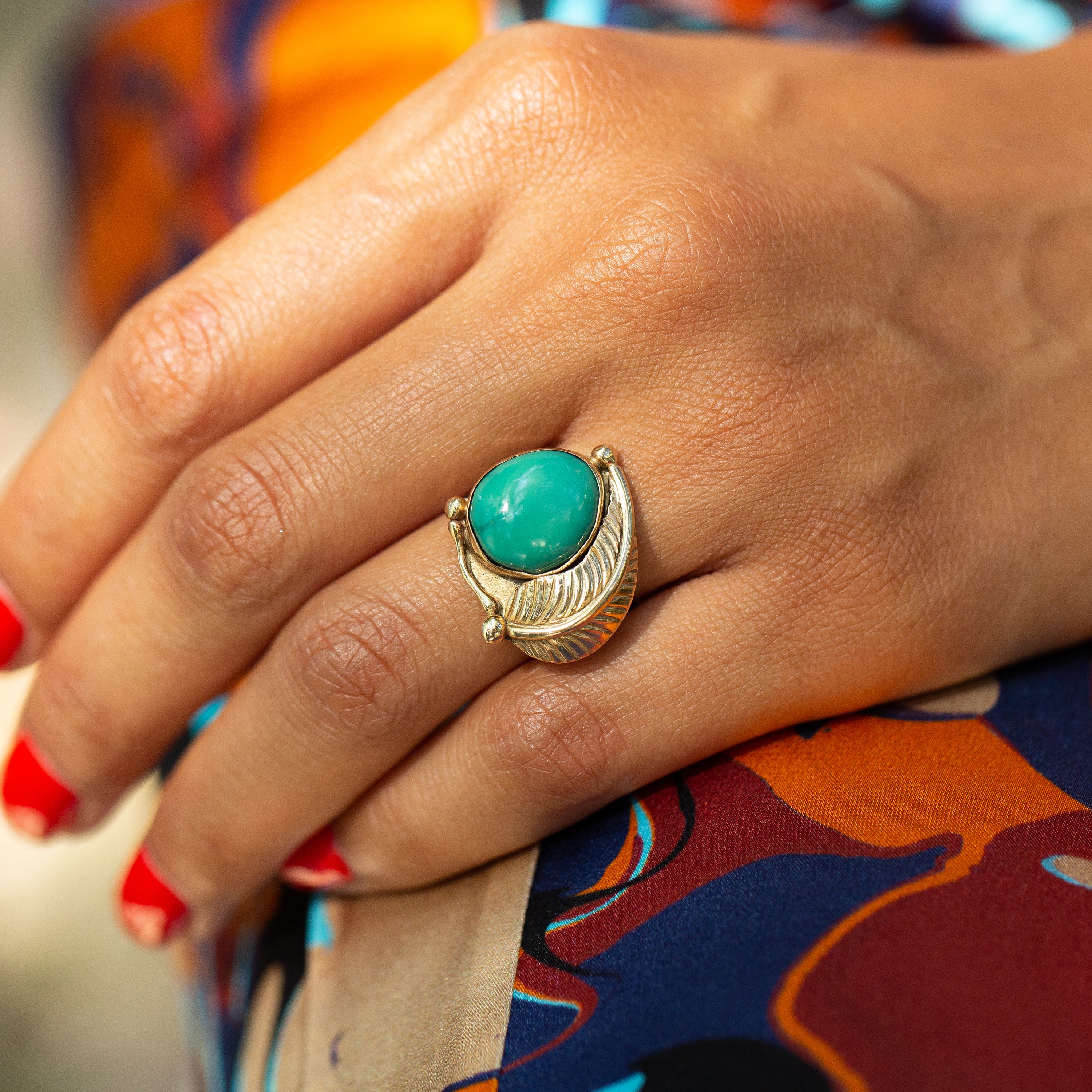 Green Turquoise and 14k Gold Leaf Ring