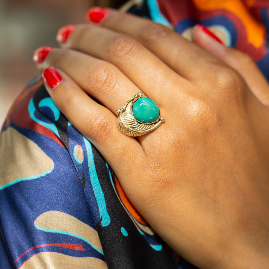 Green Turquoise and 14k Gold Leaf Ring