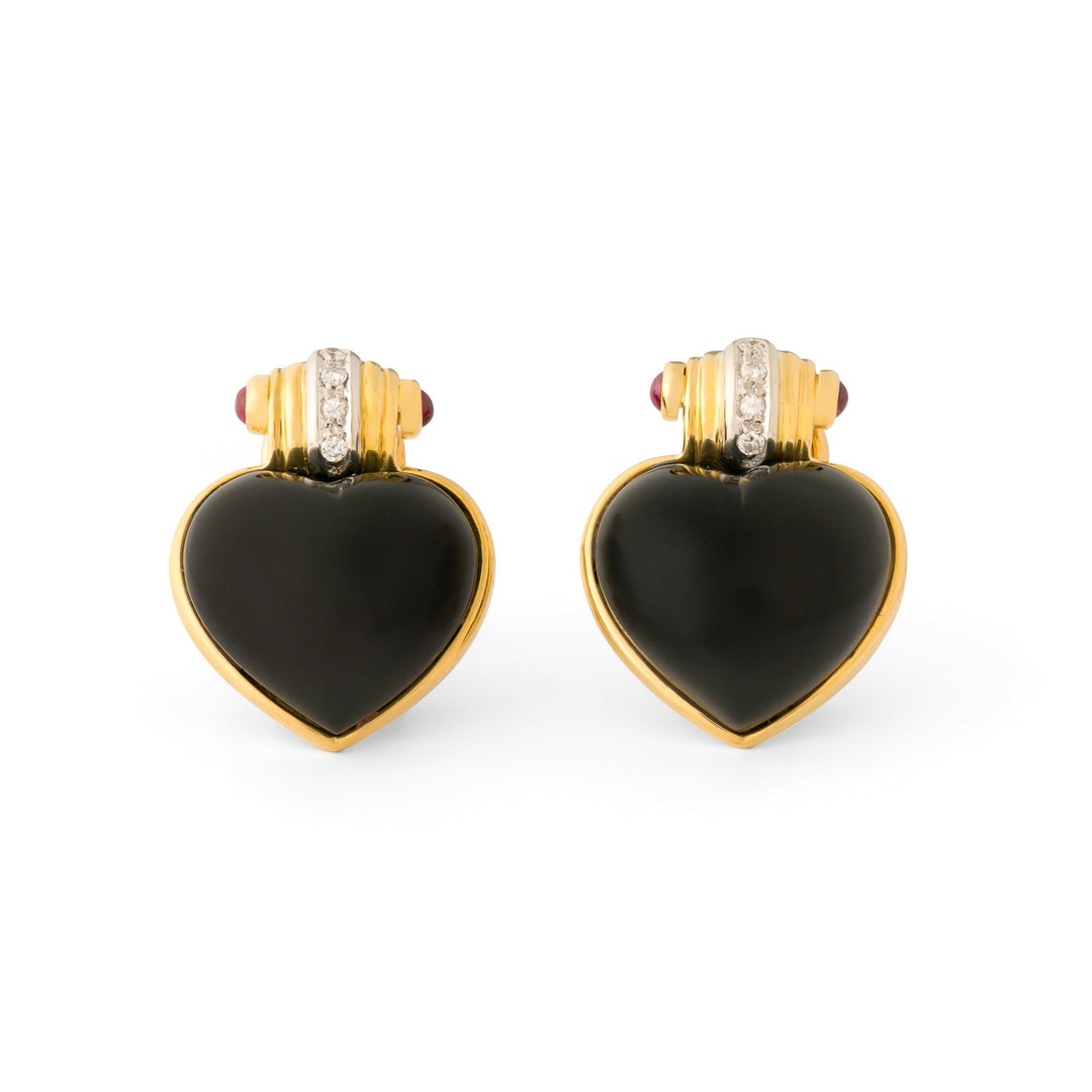 Heart Onyx, Diamond, Ruby, and 18k Gold Earrings