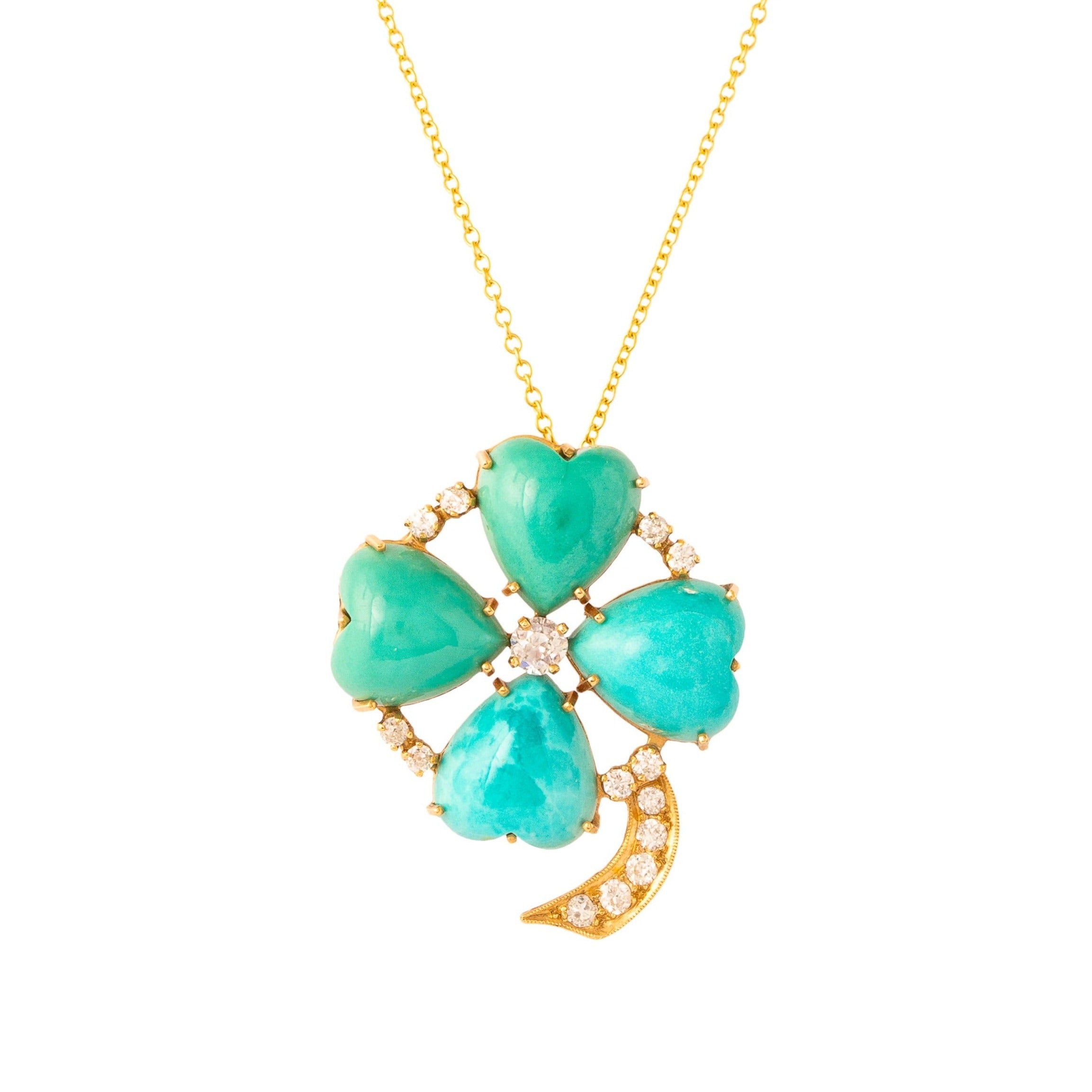 Turquoise Heart Clover, Diamond, and 14K Gold Pendant