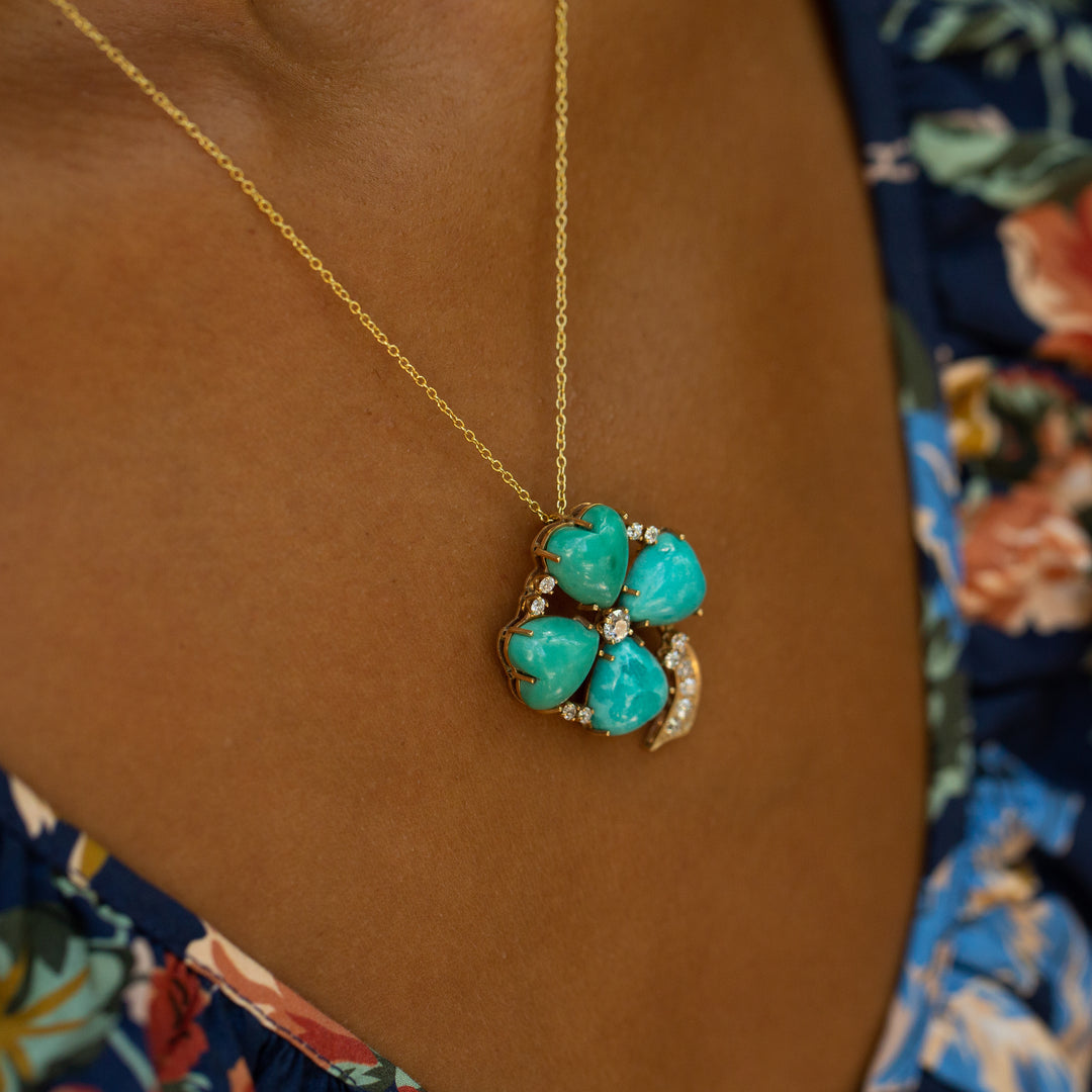 Turquoise Heart Clover, Diamond, and 14K Gold Pendant