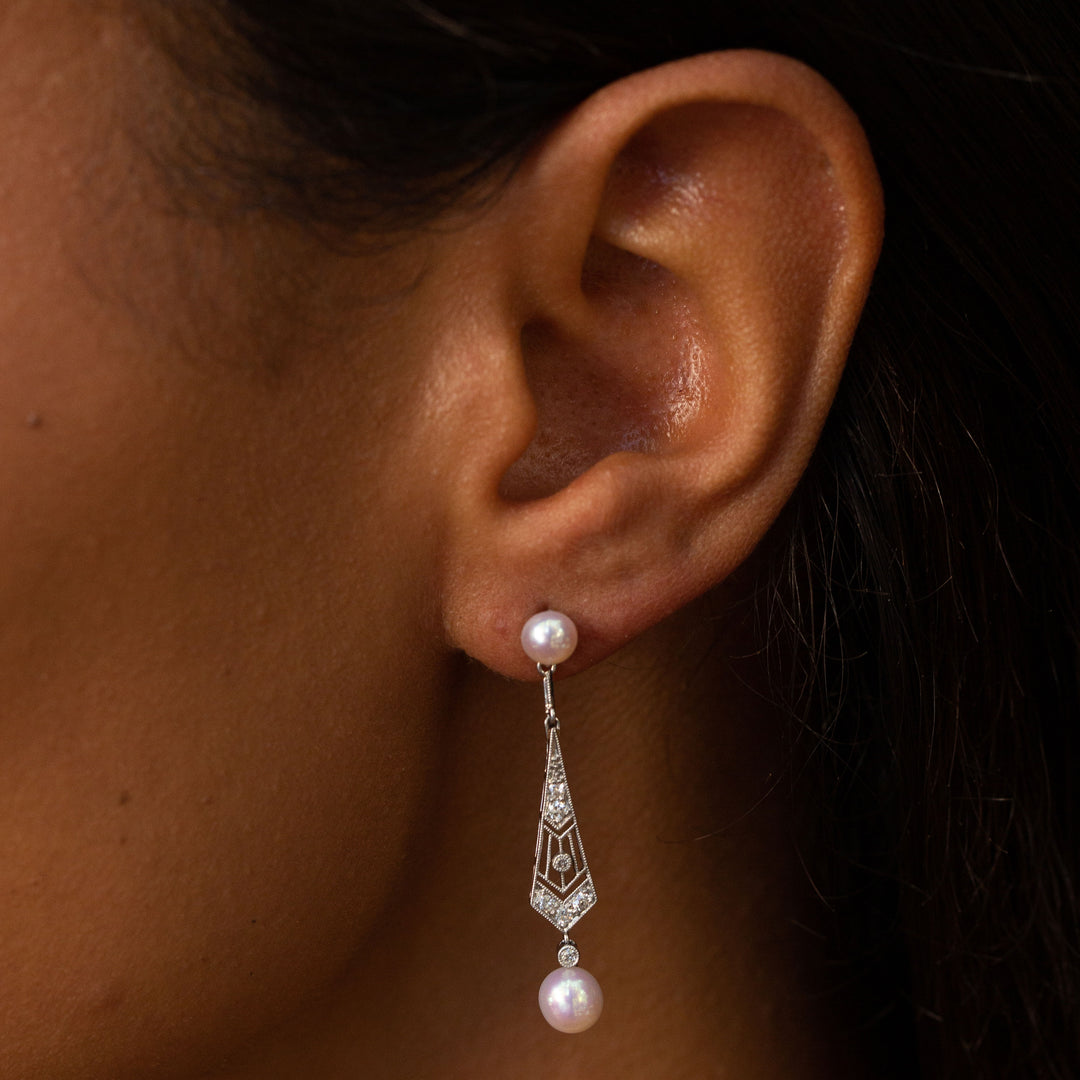 Edwardian Pearl, Diamond, and Platinum Dangle Earrings