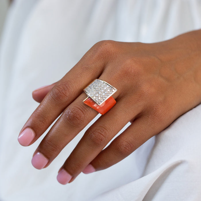 Coral, Diamond Pavé, and 18k Gold Ring
