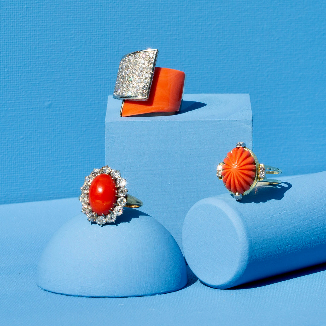 Coral, Diamond Pavé, and 18k Gold Ring