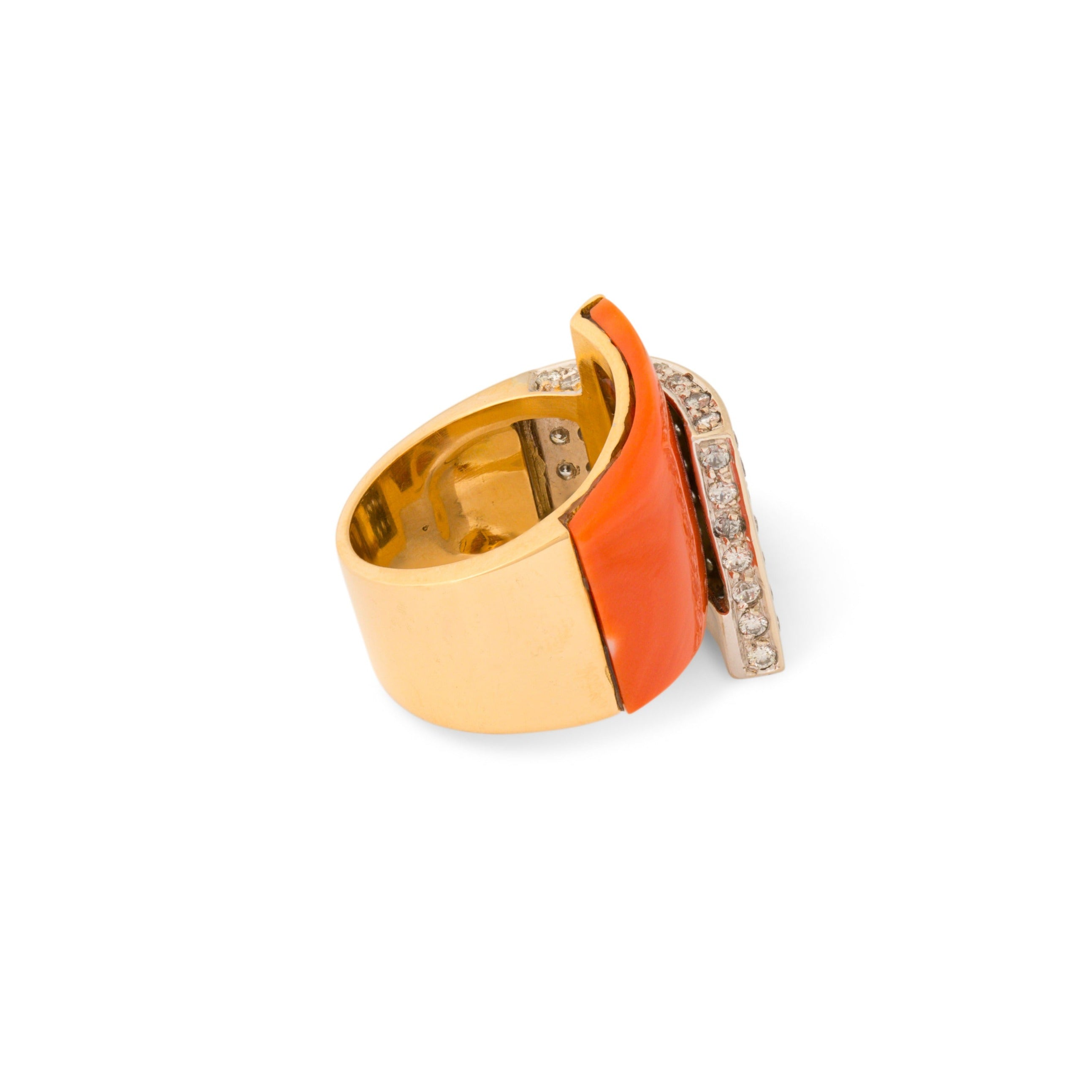 Coral, Diamond Pavé, and 18k Gold Ring