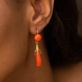 French Etruscan Revival Coral and 18k Gold Dangle Earrings