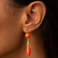 French Etruscan Revival Coral and 18k Gold Dangle Earrings