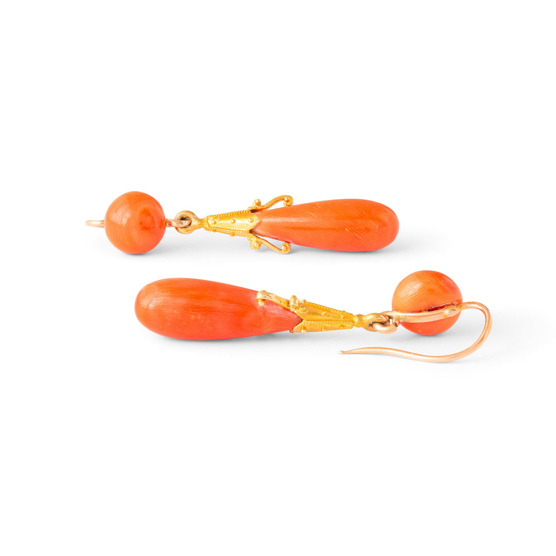 French Etruscan Revival Coral and 18k Gold Dangle Earrings