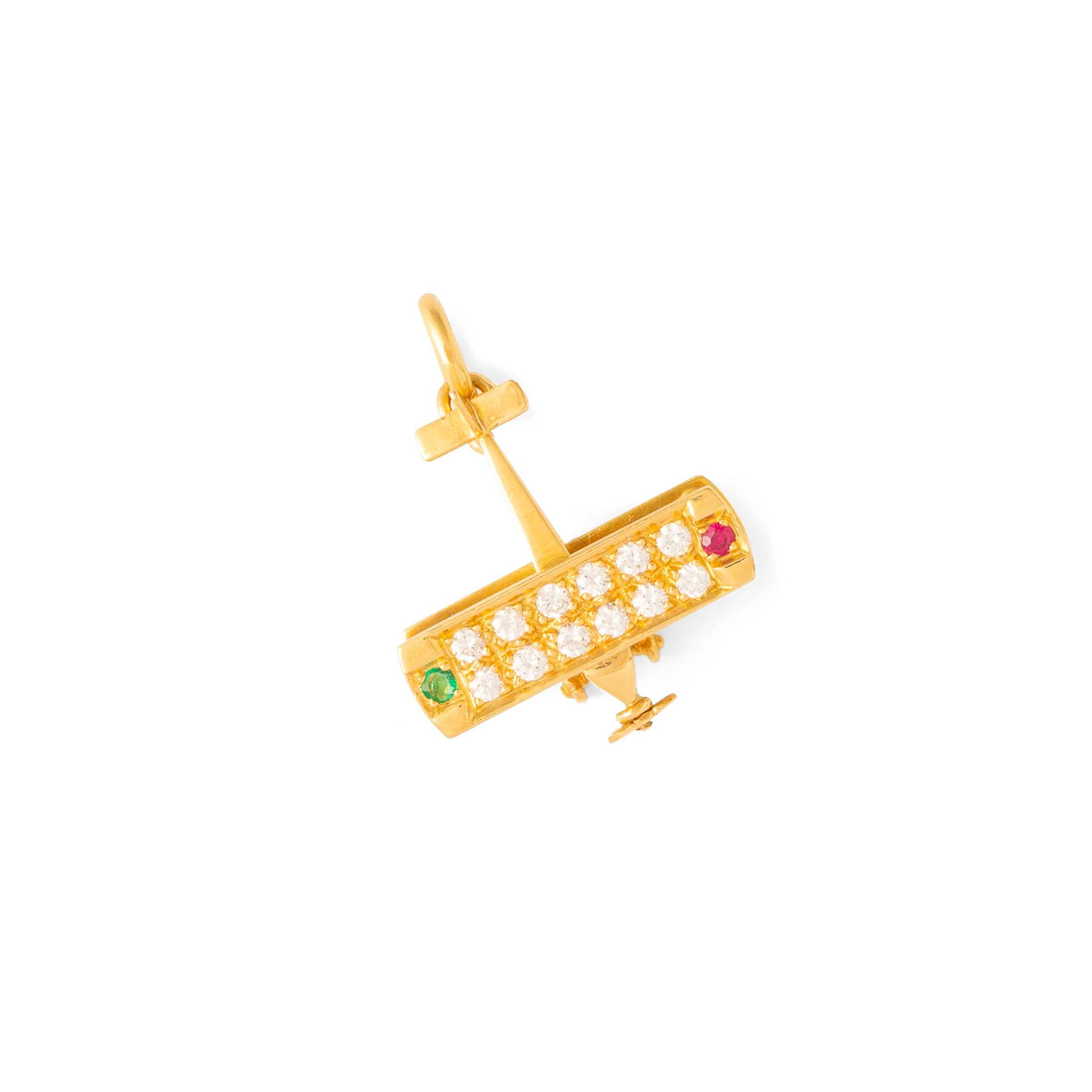 Vintage Airplane Diamond, Ruby, Emerald, and 18K Gold Movable Charm