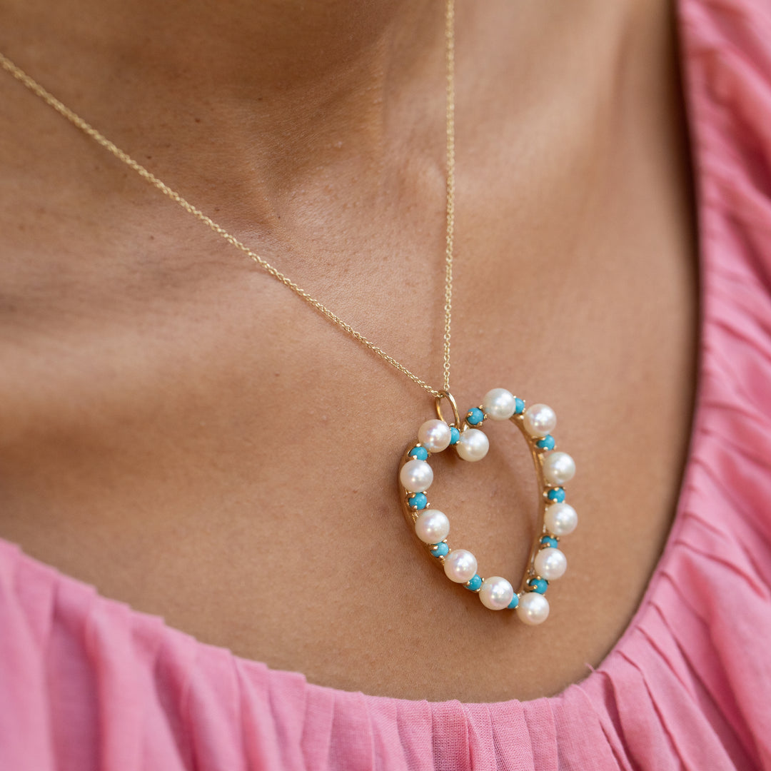 Turquoise, Pearl, and 14K Gold Large Heart Pendant