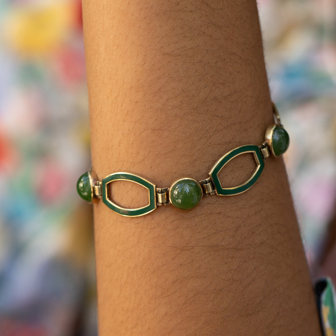 14K Yellow Gold Natural Color Double Green Jade Curved Link Bracelet. Jade  Lover | eBay