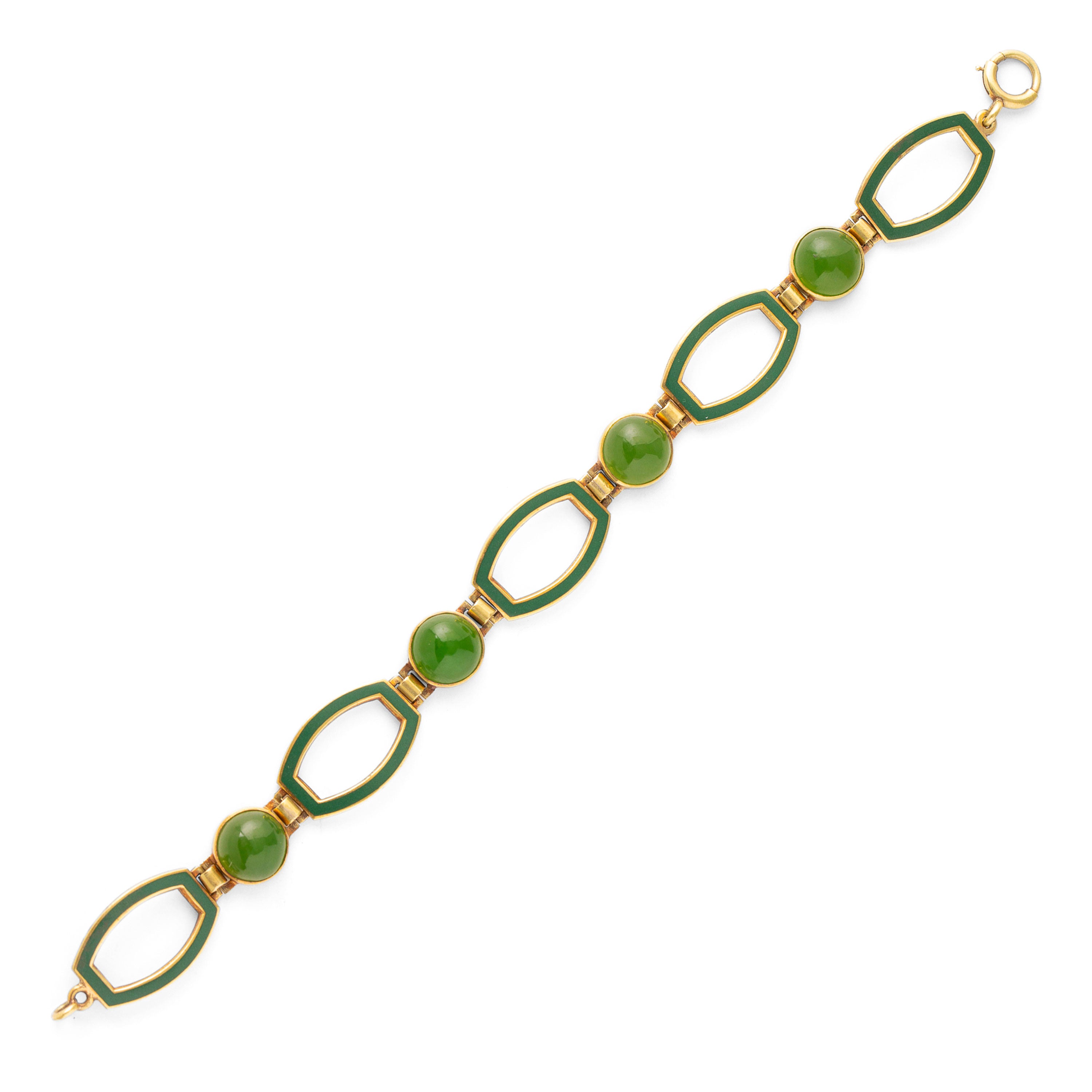 Green Chalcedony, Enamel, and 14K Gold Link Bracelet