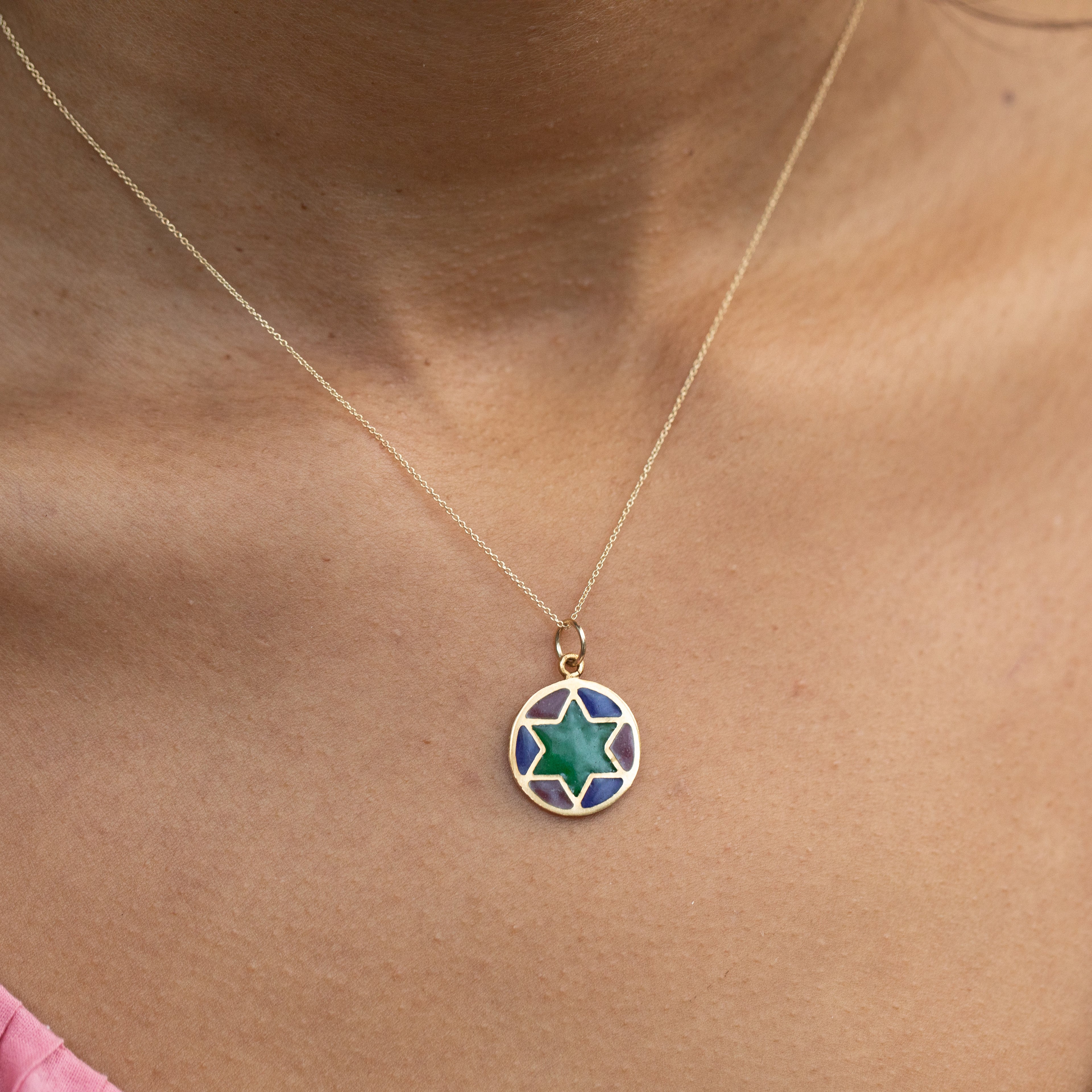Plique-a-jour Enamel and 18K Gold Star of David Charm