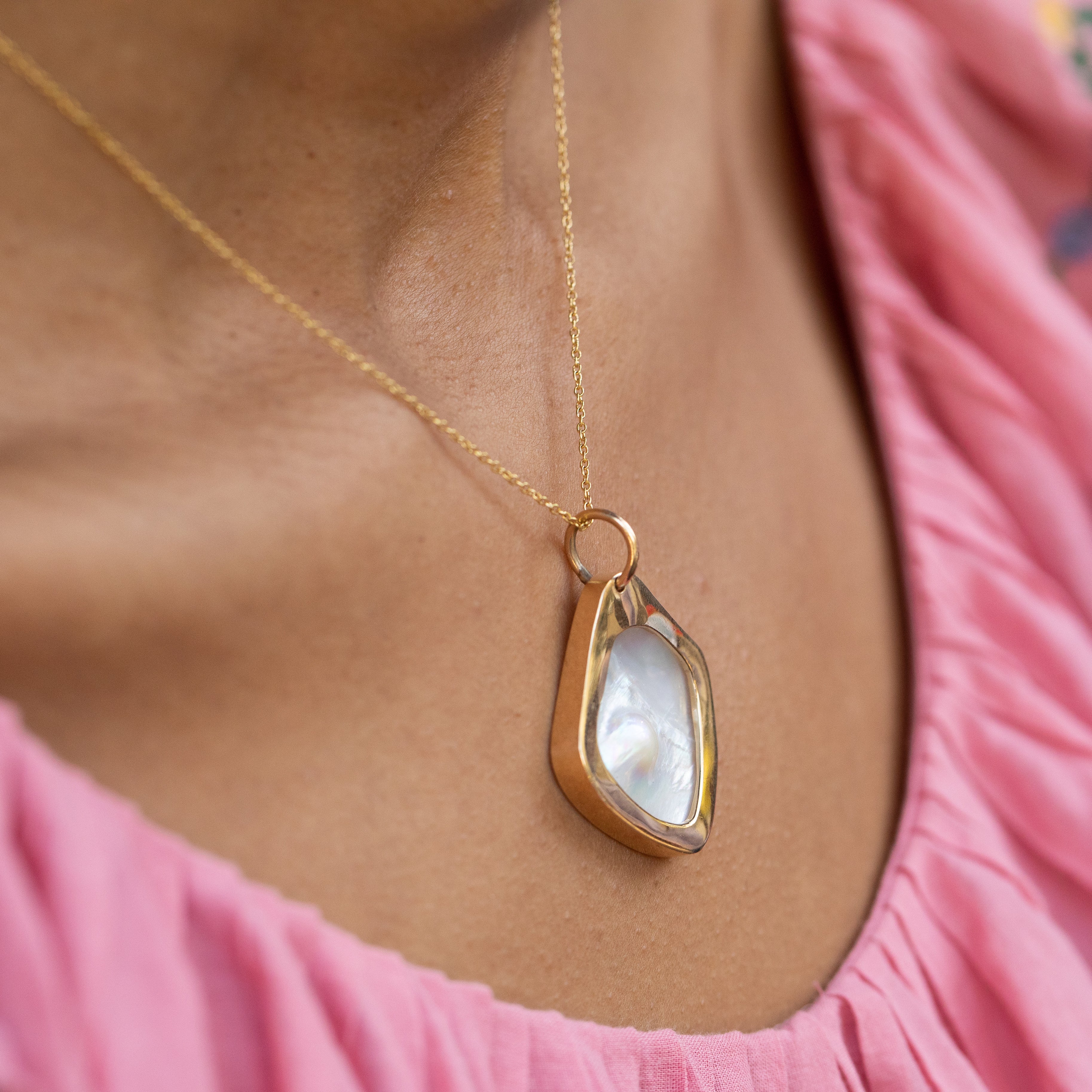 Modernist Pearl Shell and 14K Gold Pendant