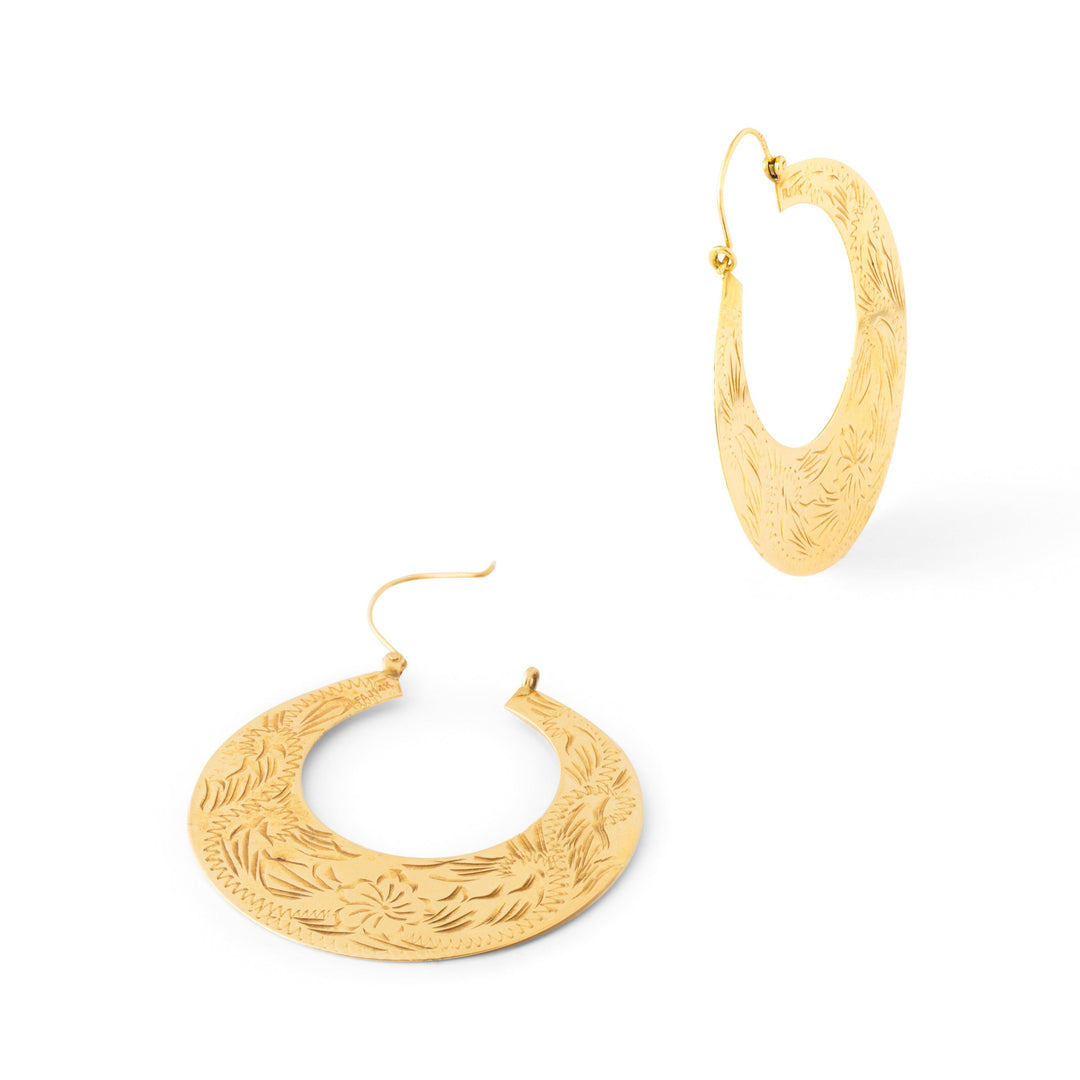 Large 14k Gold Engraved Floral Hoop Earrings
