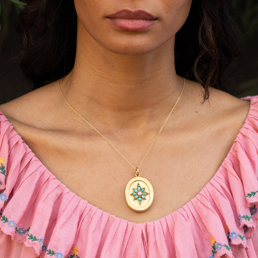 Victorian Turquoise, Pearl, and 18K Gold Starburst Locket