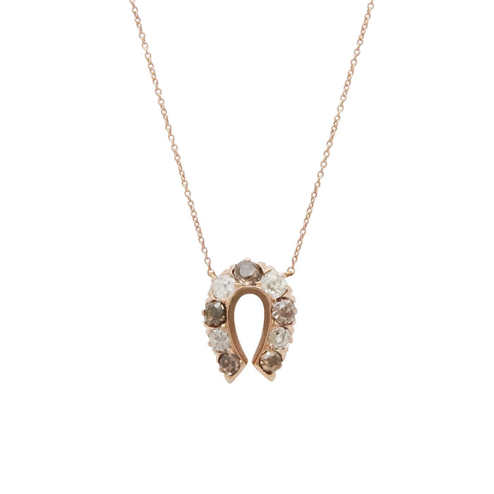 White And Brown Old Mine Cut Diamond Horseshoe Necklace